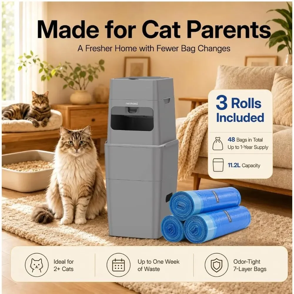 Neakasa PooGuard Plus Cat Litter Trash Can 11.2L Gray 1 Year EVOH Bags